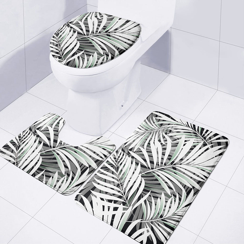 Black White Tropical Leaf Pattern Print 3 Piece Bath Mat Set