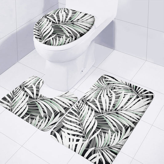 Black White Tropical Leaf Pattern Print 3 Piece Bath Mat Set