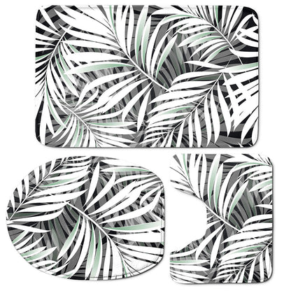 Black White Tropical Leaf Pattern Print 3 Piece Bath Mat Set