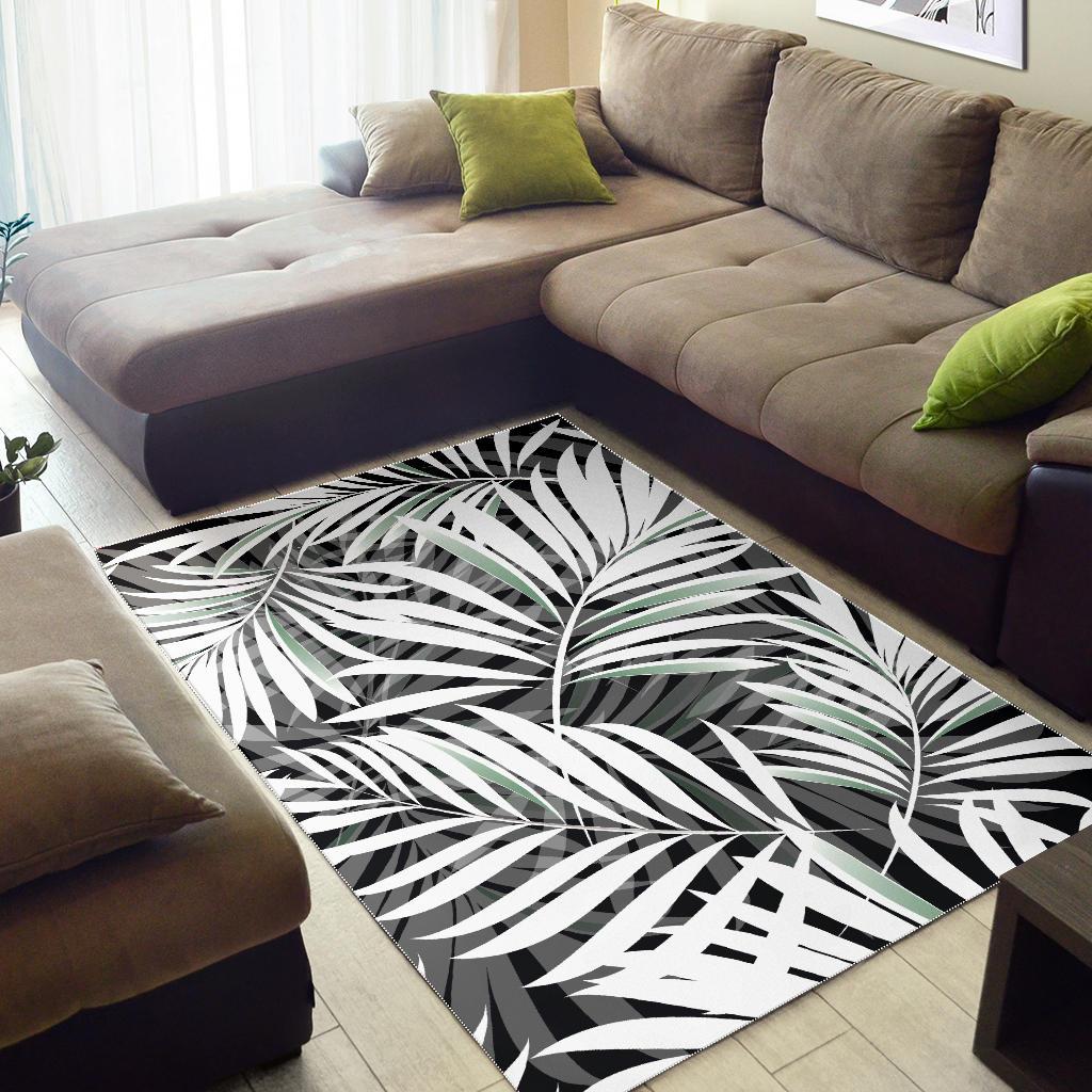 Black White Tropical Leaf Pattern Print Area Rug GearFrost