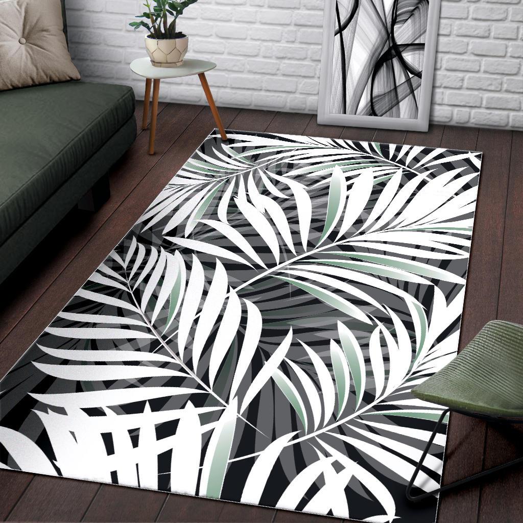 Black White Tropical Leaf Pattern Print Area Rug GearFrost