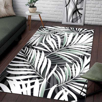 Black White Tropical Leaf Pattern Print Area Rug GearFrost