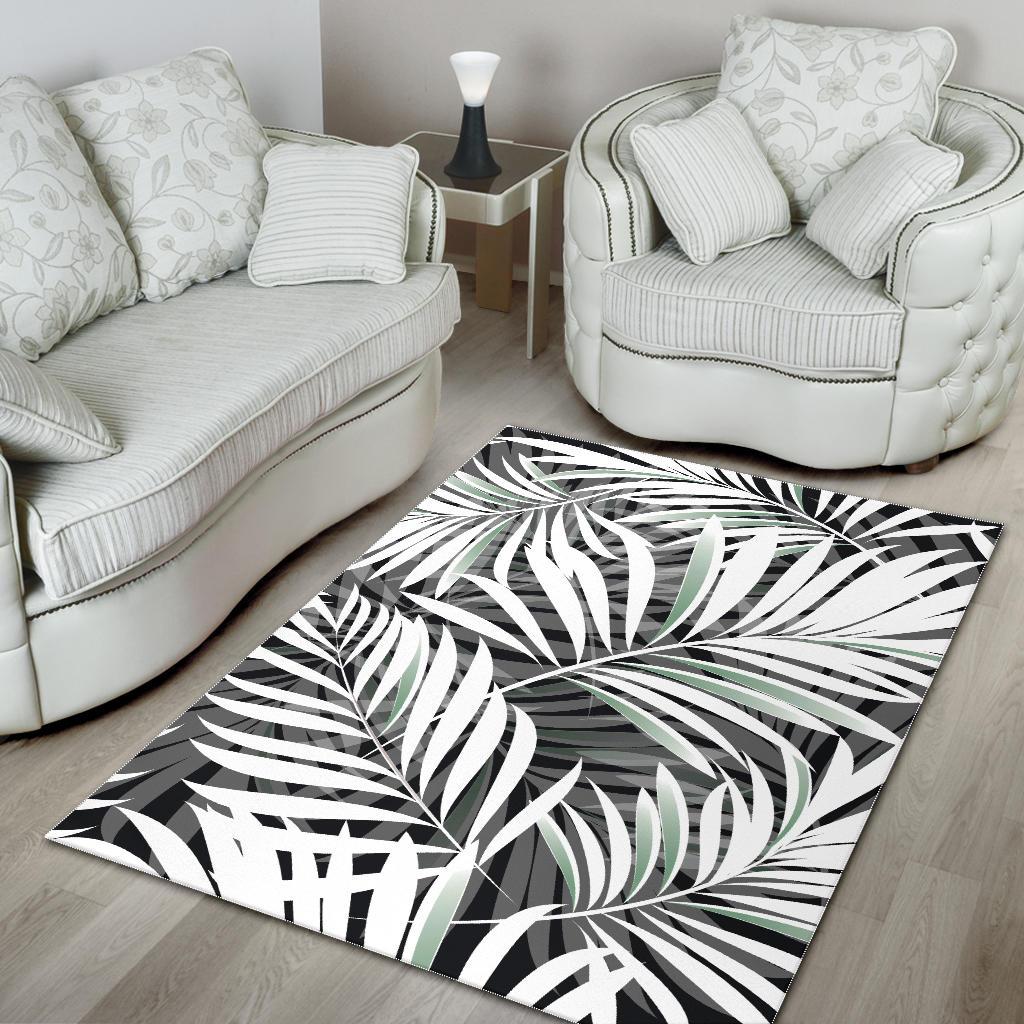 Black White Tropical Leaf Pattern Print Area Rug GearFrost