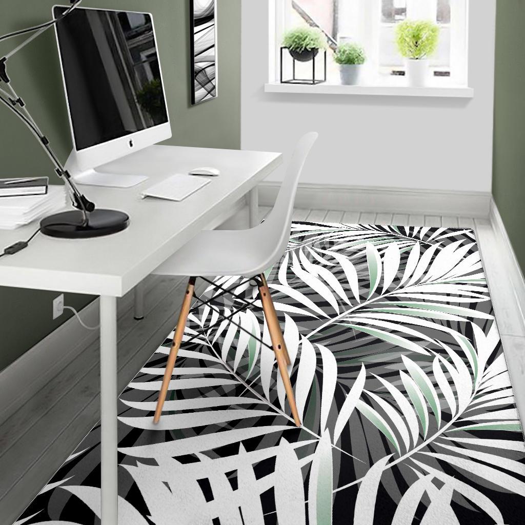 Black White Tropical Leaf Pattern Print Area Rug GearFrost