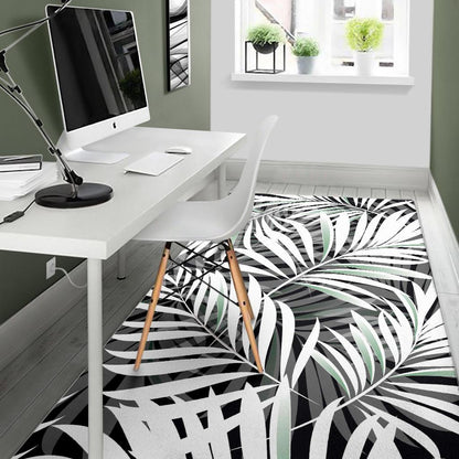 Black White Tropical Leaf Pattern Print Area Rug GearFrost