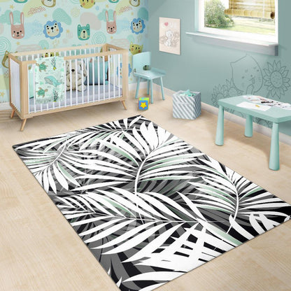 Black White Tropical Leaf Pattern Print Area Rug GearFrost