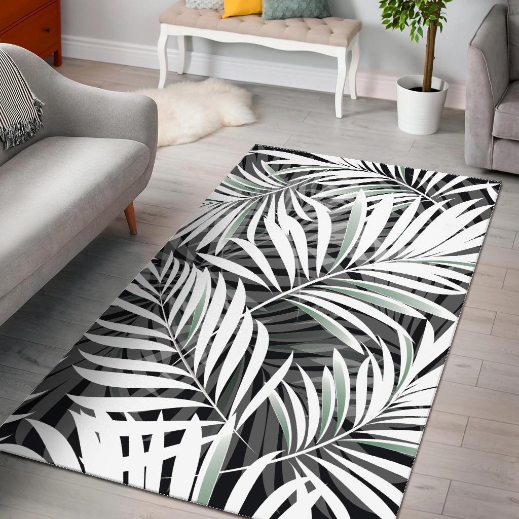 Black White Tropical Leaf Pattern Print Area Rug GearFrost