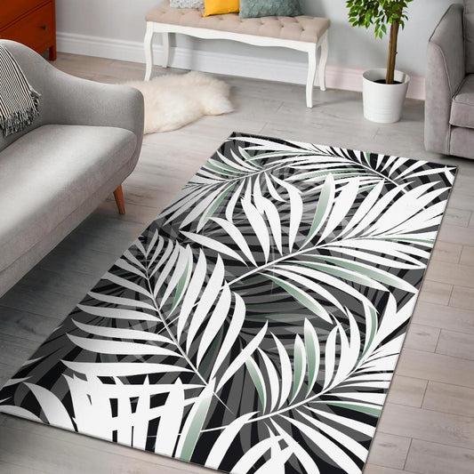 Black White Tropical Leaf Pattern Print Area Rug GearFrost