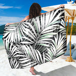 Black White Tropical Leaf Pattern Print Beach Sarong Wrap