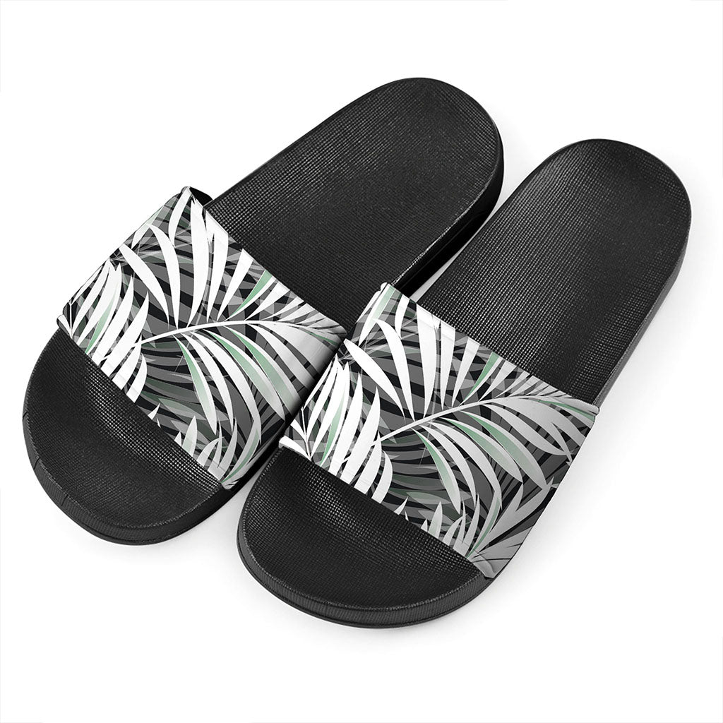 Black White Tropical Leaf Pattern Print Black Slide Sandals