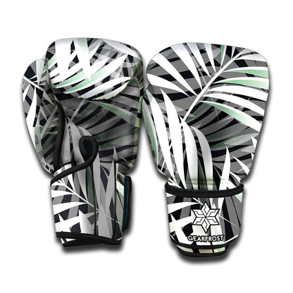 Black White Tropical Leaf Pattern Print Boxing Gloves