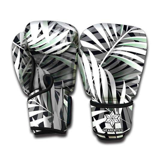 Black White Tropical Leaf Pattern Print Boxing Gloves