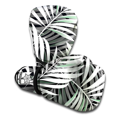 Black White Tropical Leaf Pattern Print Boxing Gloves