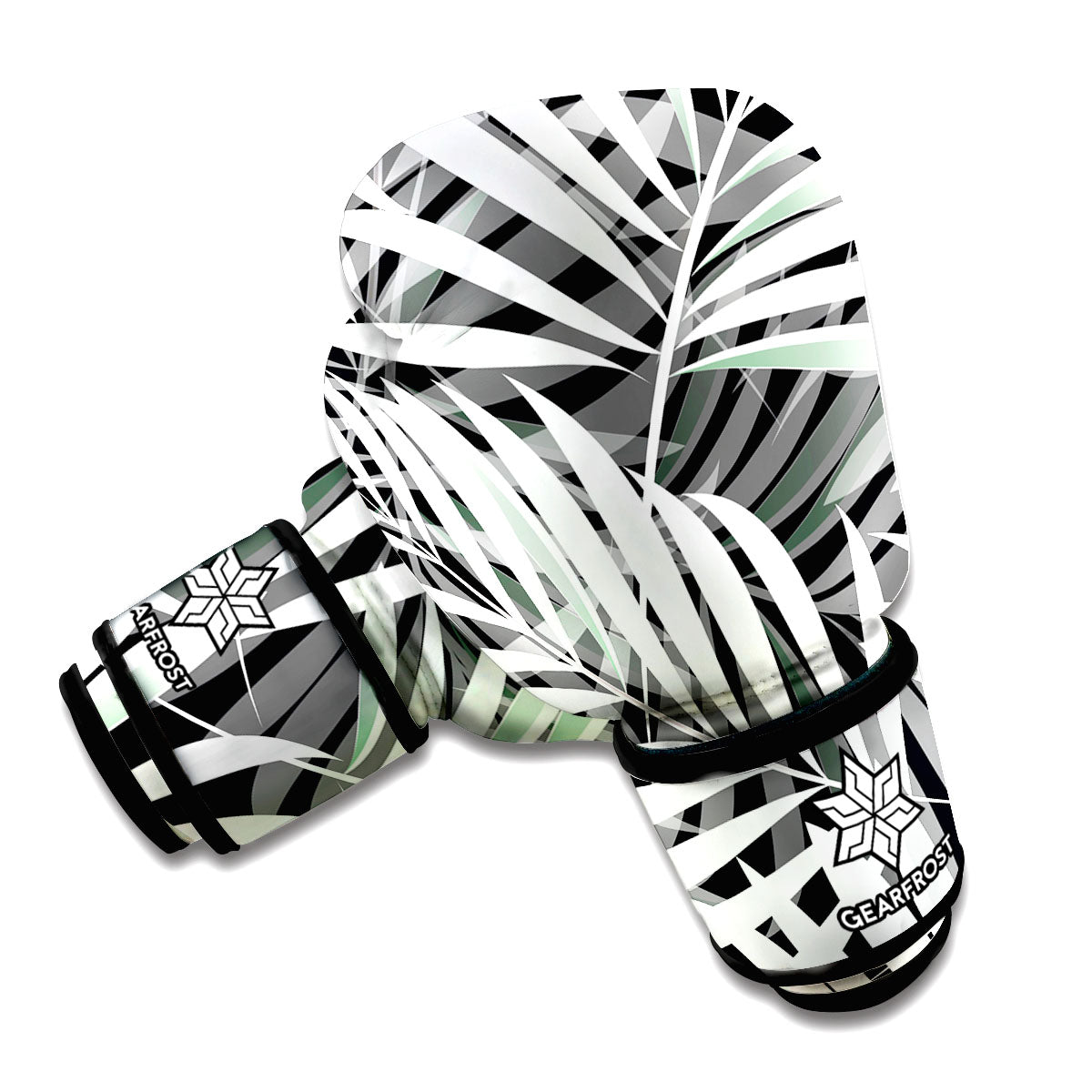 Black White Tropical Leaf Pattern Print Boxing Gloves