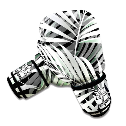 Black White Tropical Leaf Pattern Print Boxing Gloves