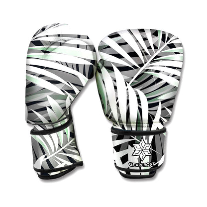 Black White Tropical Leaf Pattern Print Boxing Gloves