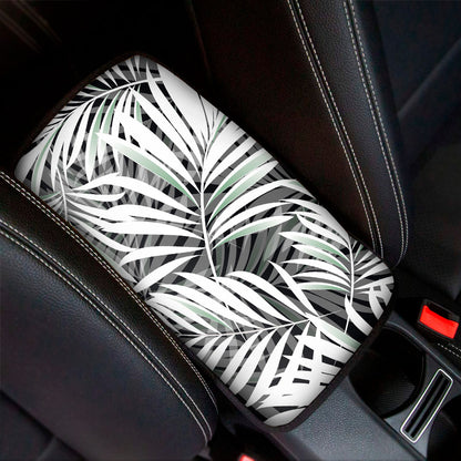 Black White Tropical Leaf Pattern Print Car Center Console Cover