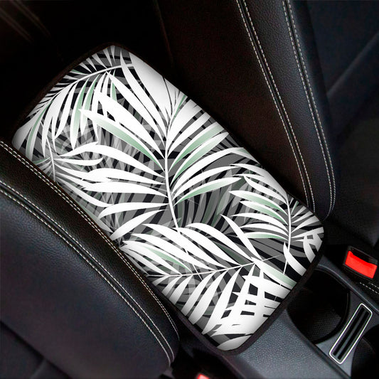 Black White Tropical Leaf Pattern Print Car Center Console Cover