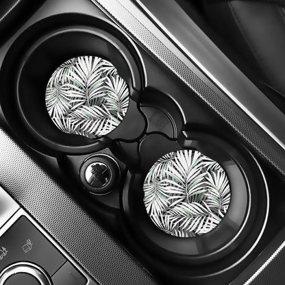 Black White Tropical Leaf Pattern Print Car Coasters