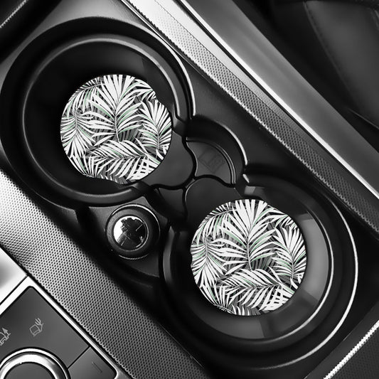 Black White Tropical Leaf Pattern Print Car Coasters