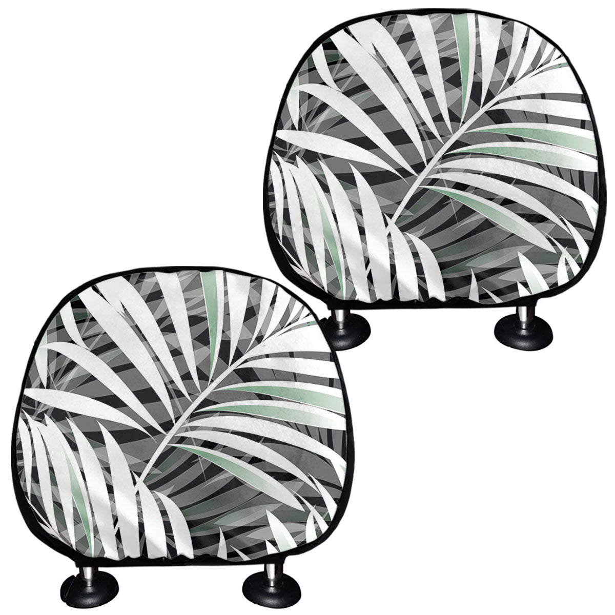 Black White Tropical Leaf Pattern Print Car Headrest Covers