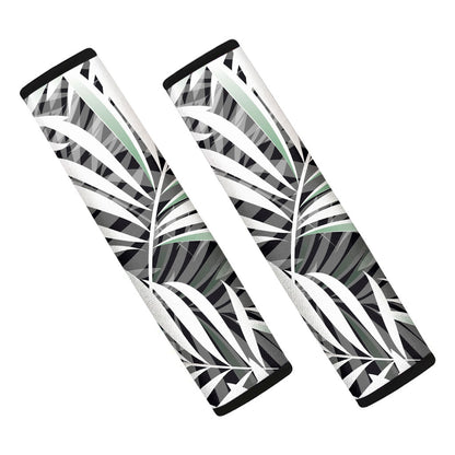 Black White Tropical Leaf Pattern Print Car Seat Belt Covers