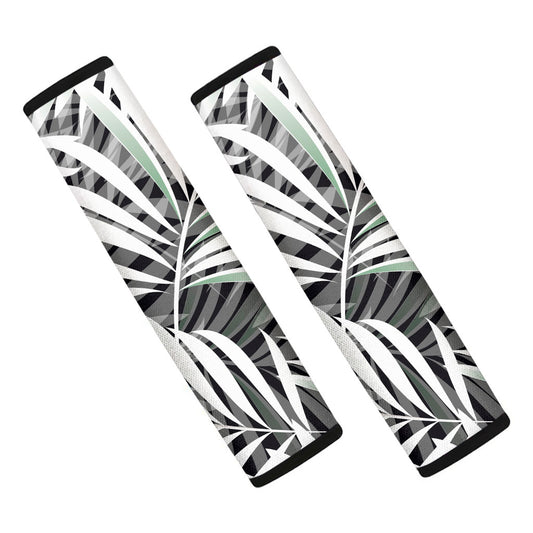 Black White Tropical Leaf Pattern Print Car Seat Belt Covers