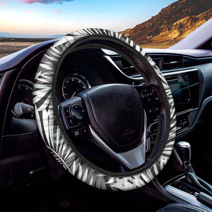 Black White Tropical Leaf Pattern Print Car Steering Wheel Cover