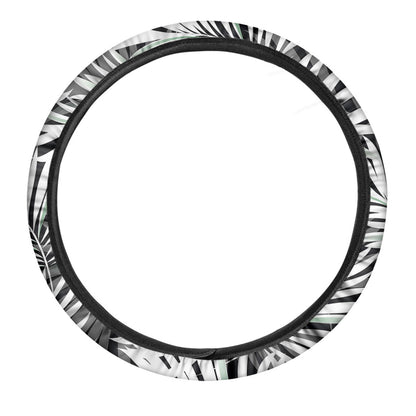 Black White Tropical Leaf Pattern Print Car Steering Wheel Cover