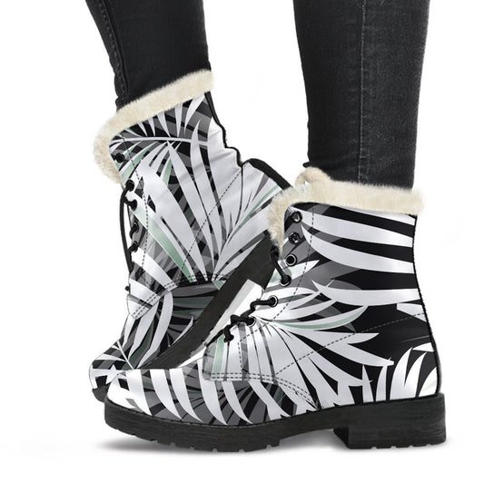 Black White Tropical Leaf Pattern Print Comfy Boots GearFrost