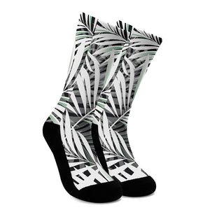 Black White Tropical Leaf Pattern Print Crew Socks