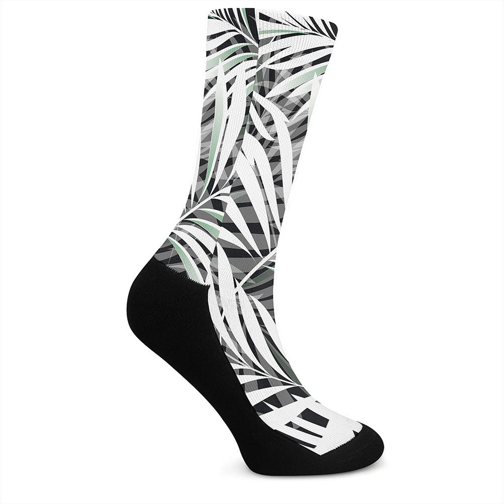 Black White Tropical Leaf Pattern Print Crew Socks
