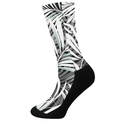 Black White Tropical Leaf Pattern Print Crew Socks