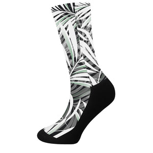 Black White Tropical Leaf Pattern Print Crew Socks