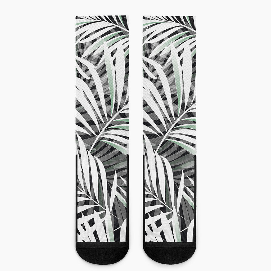 Black White Tropical Leaf Pattern Print Crew Socks