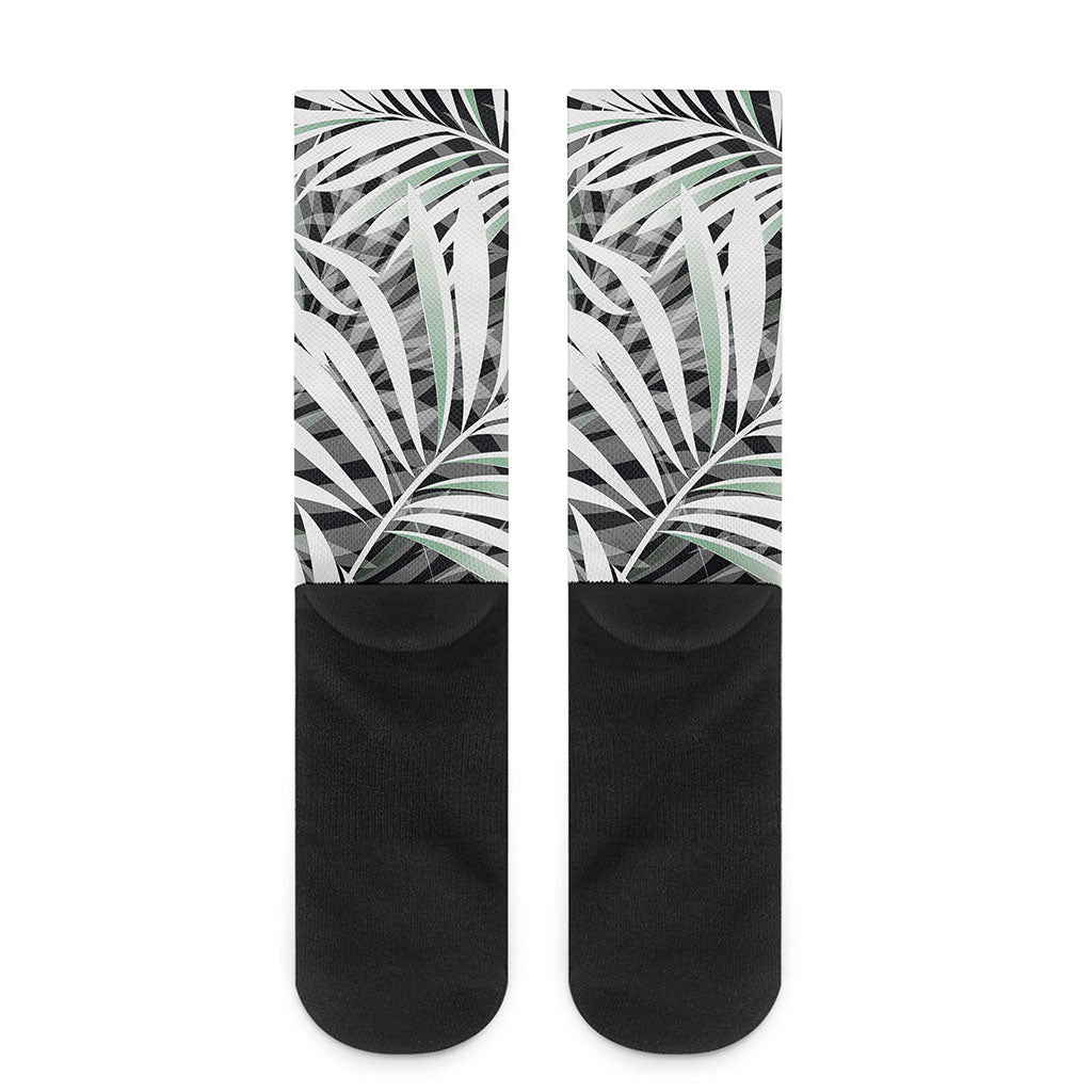 Black White Tropical Leaf Pattern Print Crew Socks