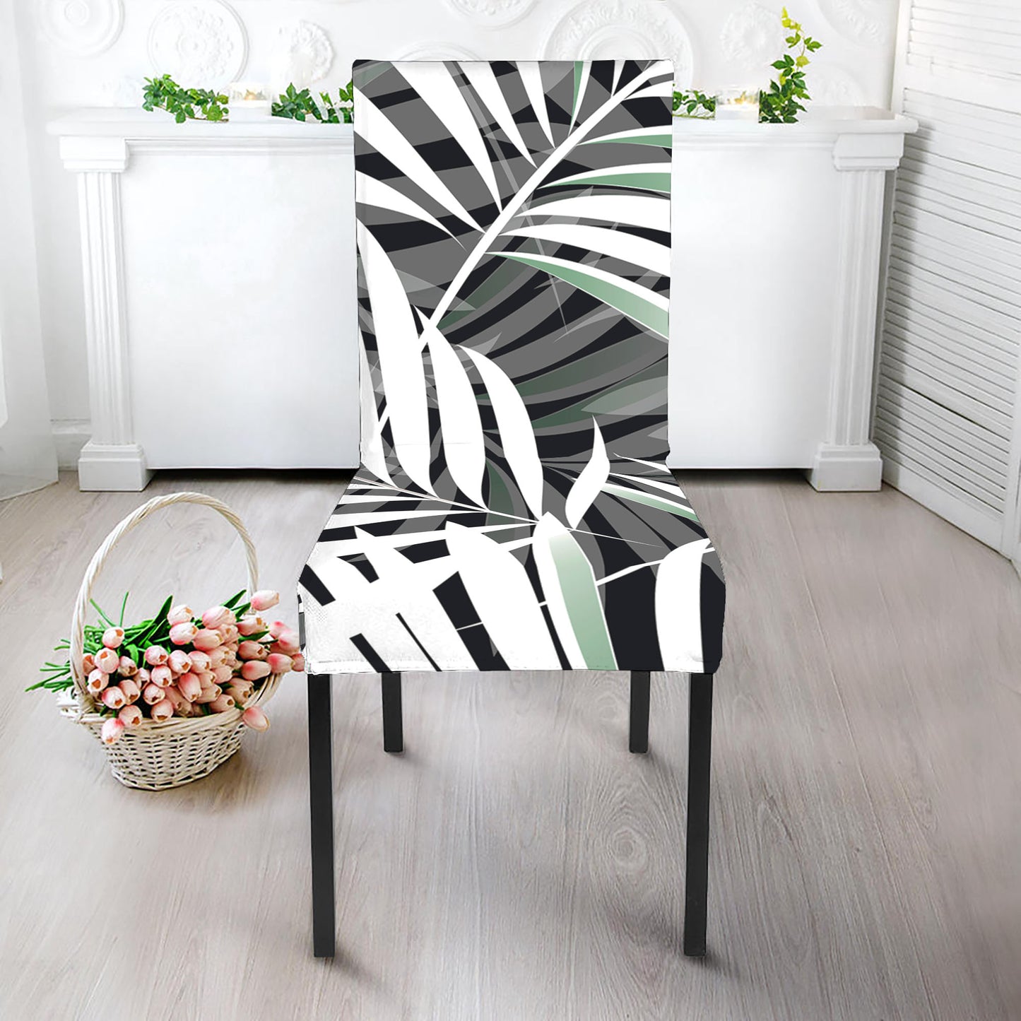 Black White Tropical Leaf Pattern Print Dining Chair Slipcover