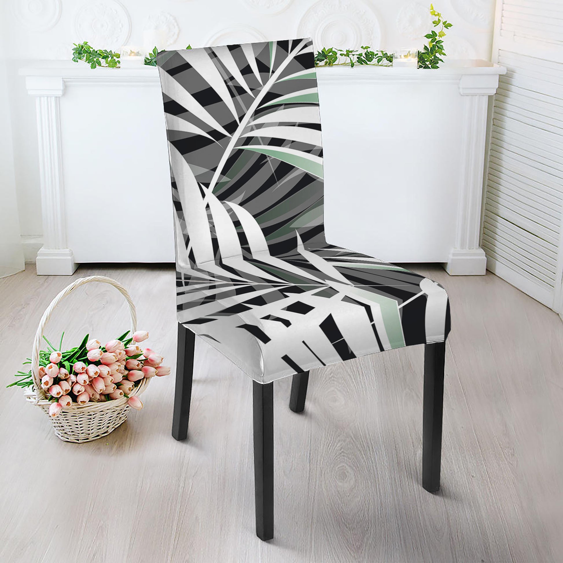 Black White Tropical Leaf Pattern Print Dining Chair Slipcover