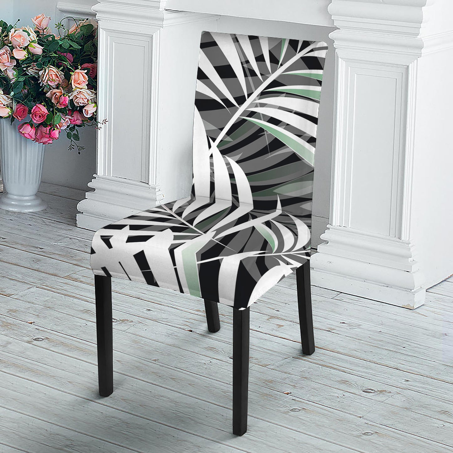 Black White Tropical Leaf Pattern Print Dining Chair Slipcover