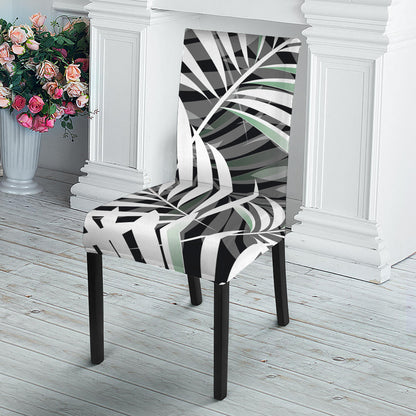 Black White Tropical Leaf Pattern Print Dining Chair Slipcover