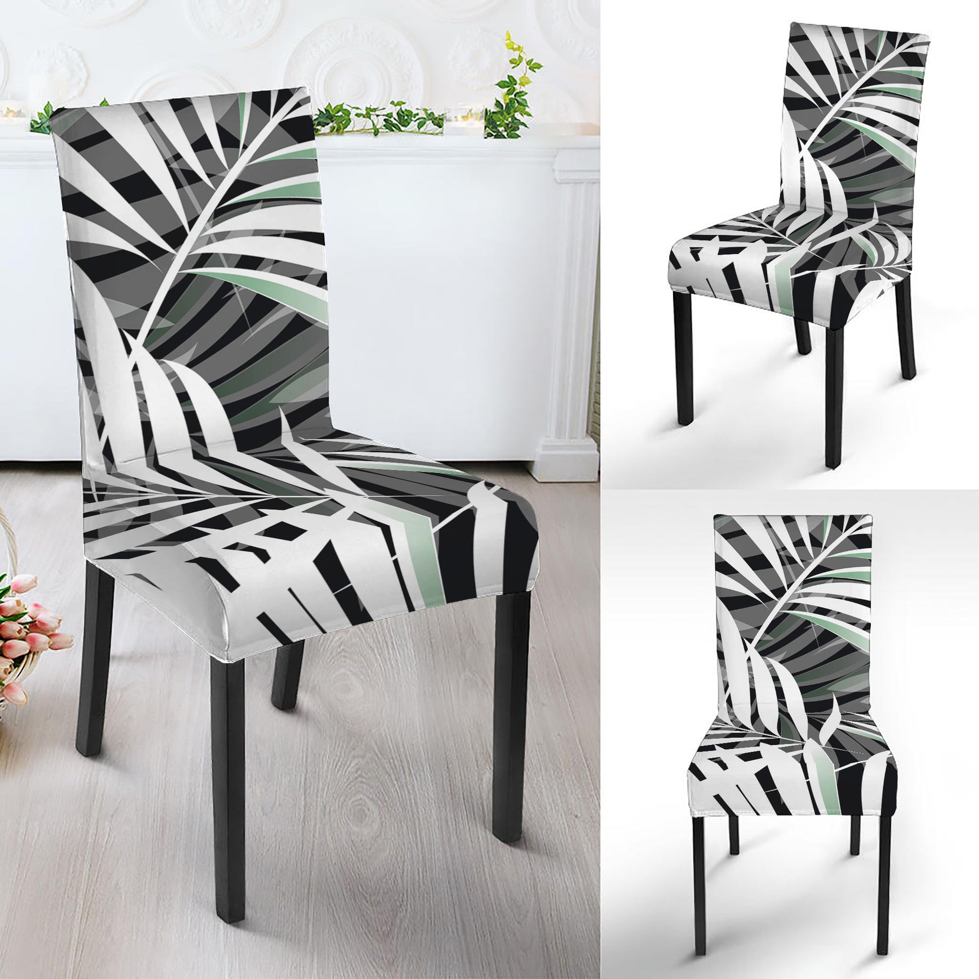 Black White Tropical Leaf Pattern Print Dining Chair Slipcover