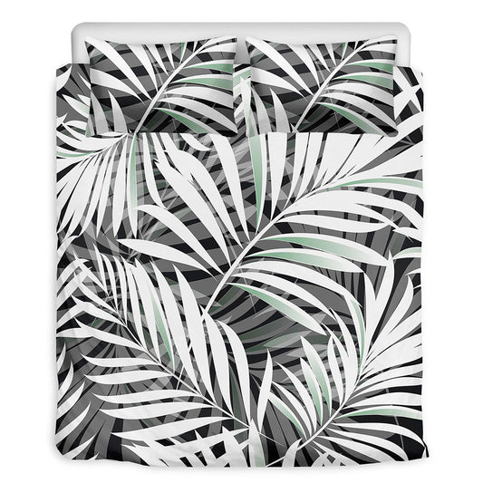 Black White Tropical Leaf Pattern Print Duvet Cover Bedding Set
