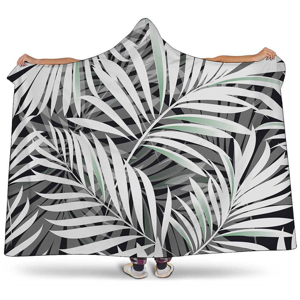Black White Tropical Leaf Pattern Print Hooded Blanket