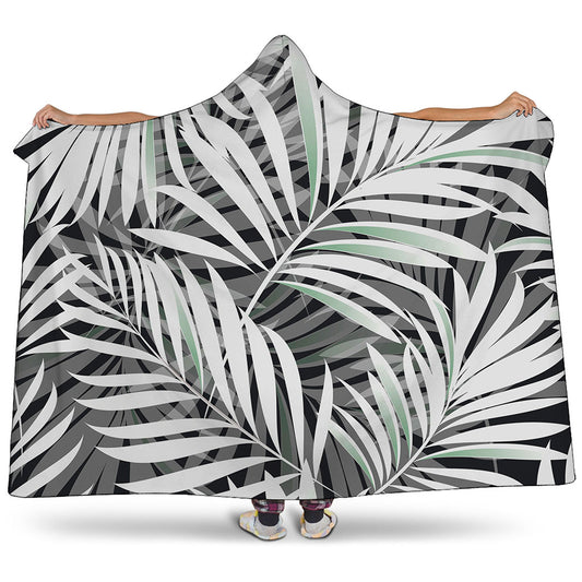 Black White Tropical Leaf Pattern Print Hooded Blanket
