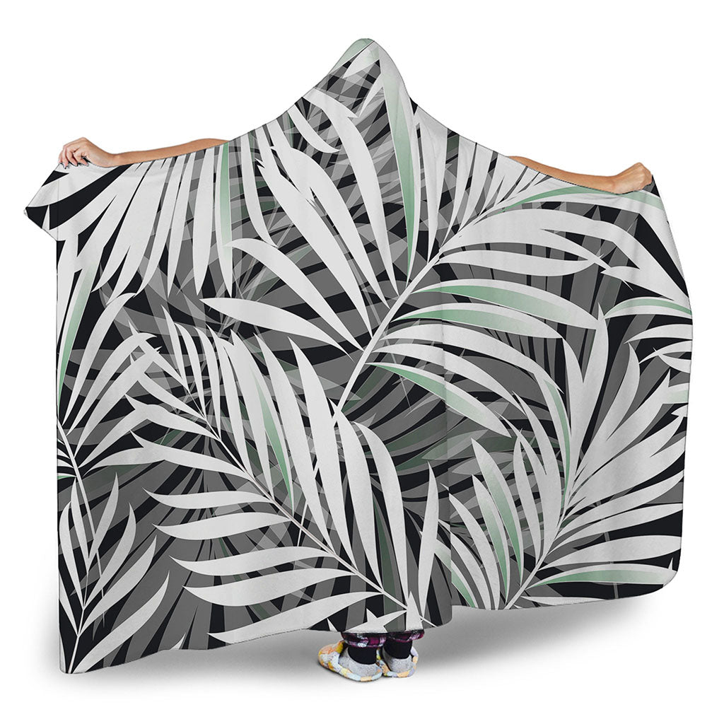 Black White Tropical Leaf Pattern Print Hooded Blanket