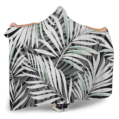 Black White Tropical Leaf Pattern Print Hooded Blanket