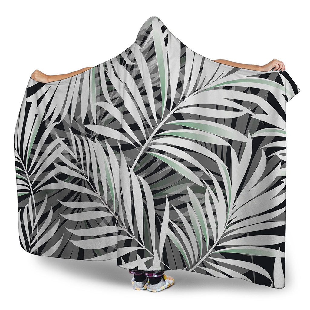 Black White Tropical Leaf Pattern Print Hooded Blanket