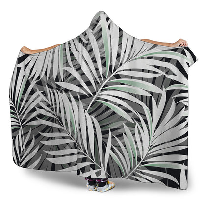 Black White Tropical Leaf Pattern Print Hooded Blanket