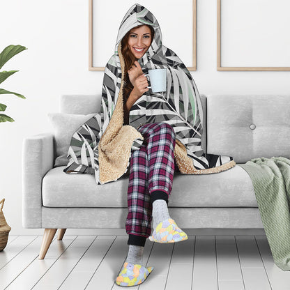 Black White Tropical Leaf Pattern Print Hooded Blanket