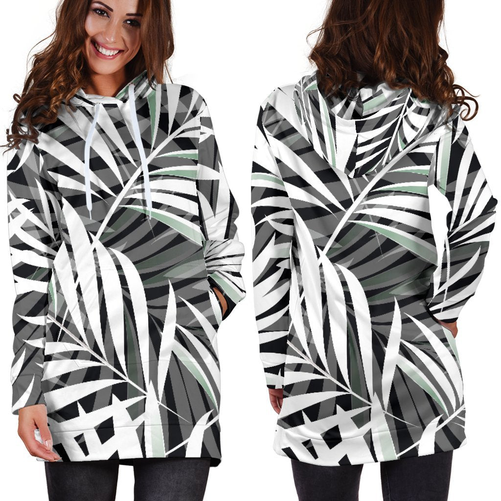 Black White Tropical Leaf Pattern Print Hoodie Dress GearFrost